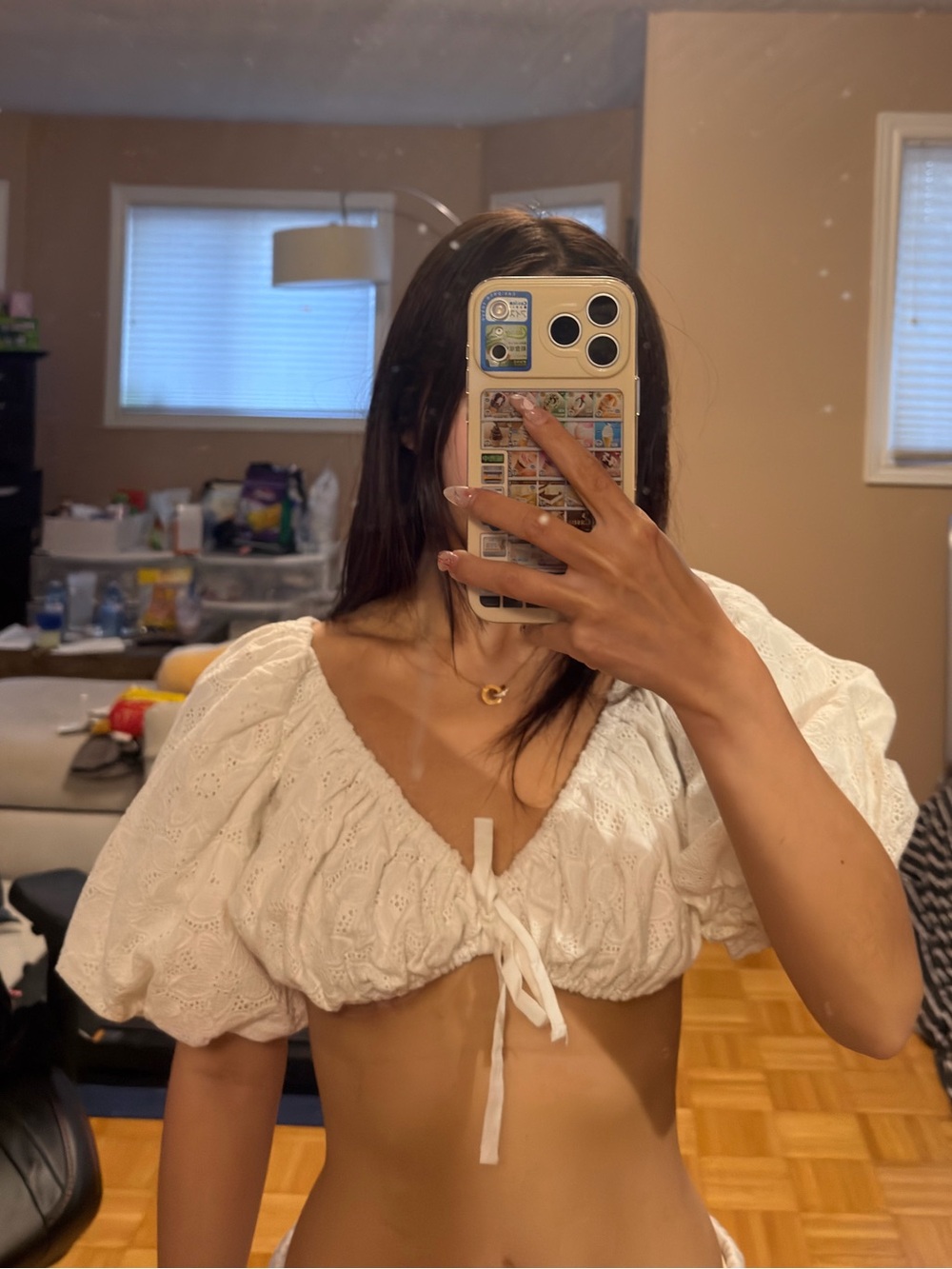 For Love & Lemons White Eyelet Puff-Sleeve Tie-Front Crop Top